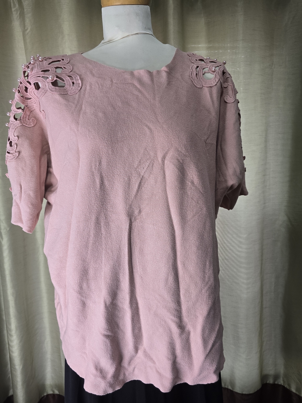 Women's Light Pink Short Sleeve Top with Lace Cutout Shoulders